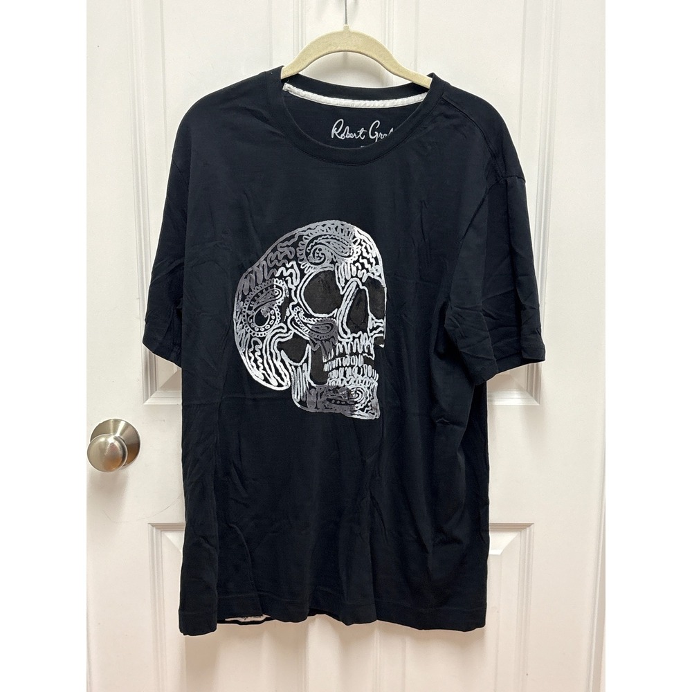 Robert Graham Mens XL Paisley Skull Graphic T-Shirt Black Cotton Short Sleeve